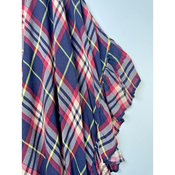 I Joah Womens Medium Oversized Plaid Ruffle Tunic Top Blue Red Poncho Boho Rayon - Picture 4 of 11